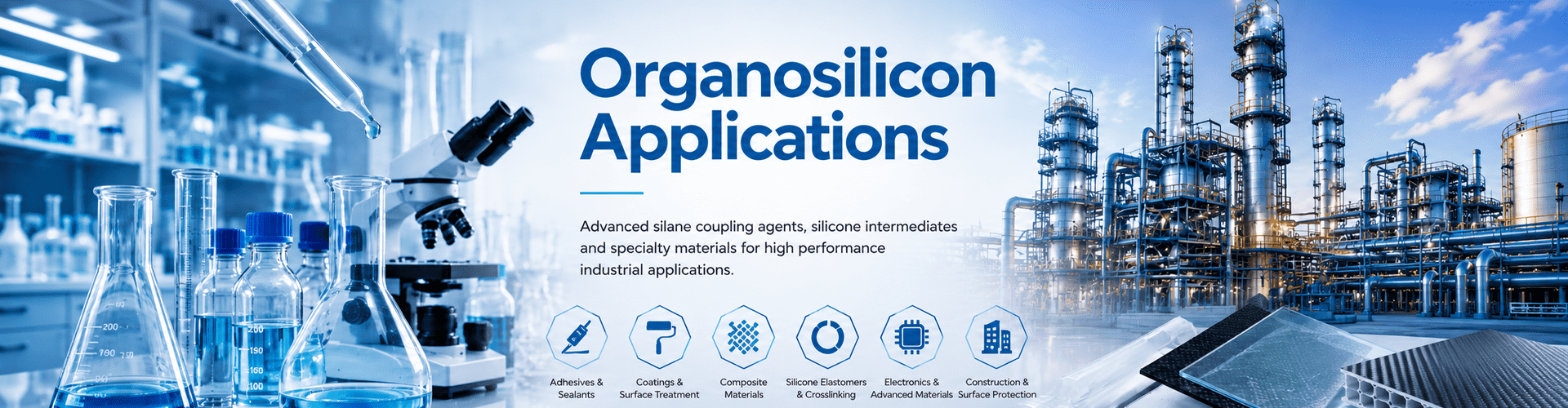 Organosilicon Applications banner showing laboratory equipment, an industrial chemical plant and six application categories