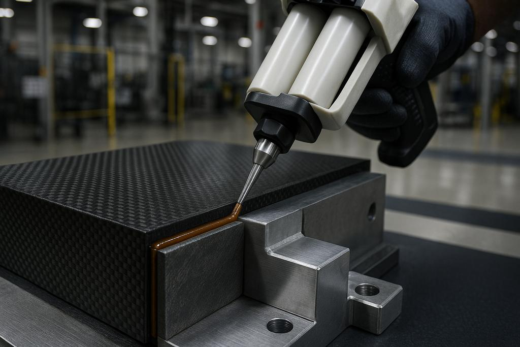 Epoxy adhesive being applied to an industrial assembly