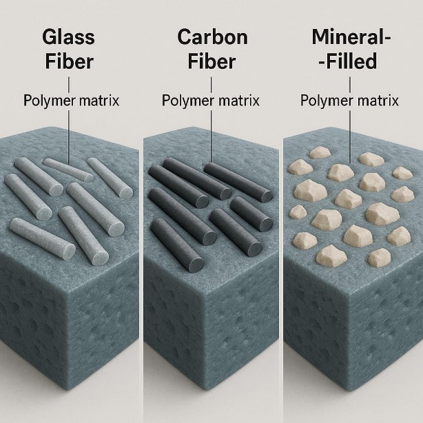 Glass fiber, carbon fiber and mineral-filled polymer systems