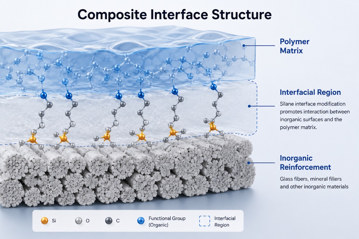 Composite interface structure between polymer matrix and inorganic reinforcement
