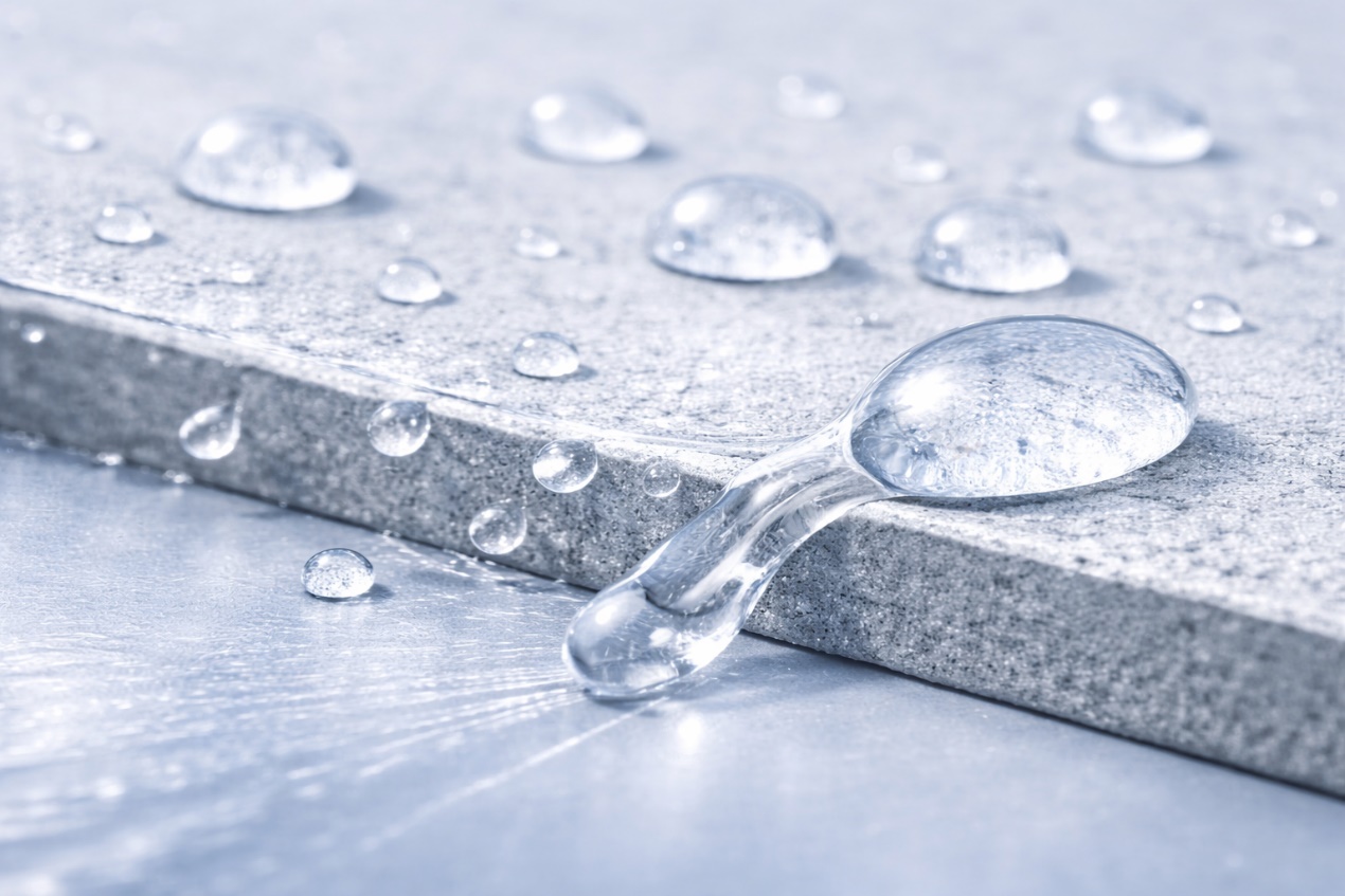 Water droplets demonstrating interfacial bonding and moisture resistance