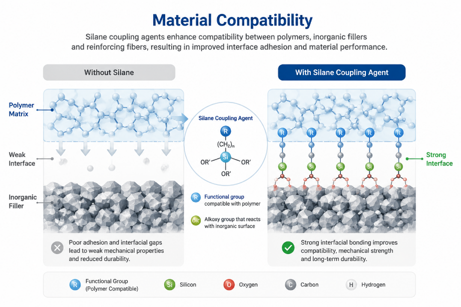 Material compatibility comparison with and without a silane coupling agent