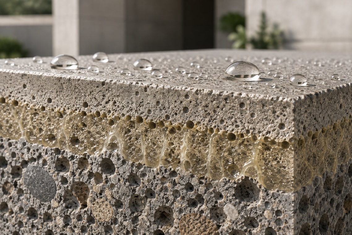 Water beads on a porous mineral construction material