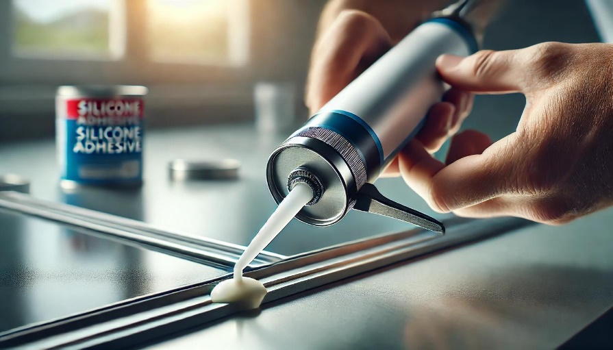Silicone sealant being applied to glass